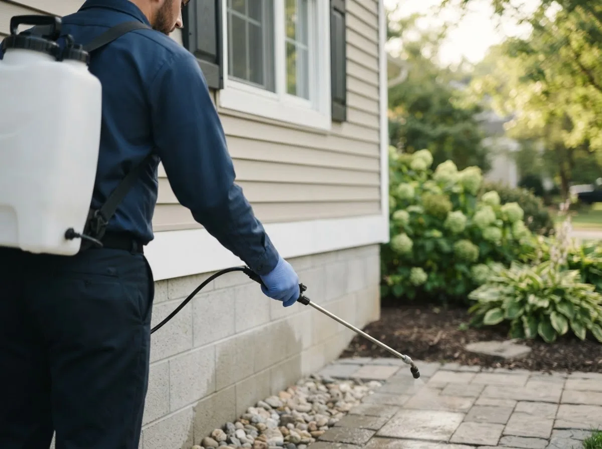 Pest control technician inspecting a home in Greig, NY